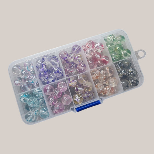 Boîte de 10 Compartiments – Perles Transparentes Tachetées – 10 mm – 120 Perles