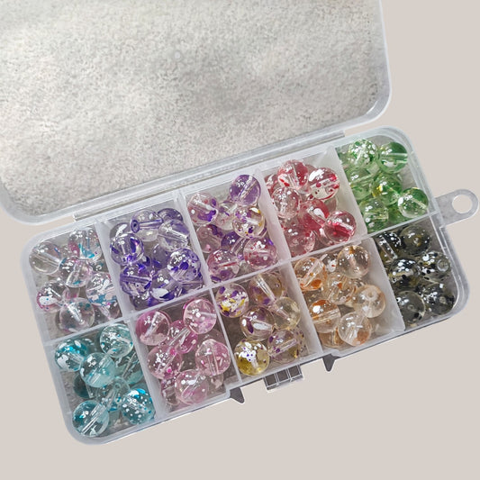 Boîte de 10 Compartiments – Perles Transparentes Tachetées – 10 mm – 120 Perles
