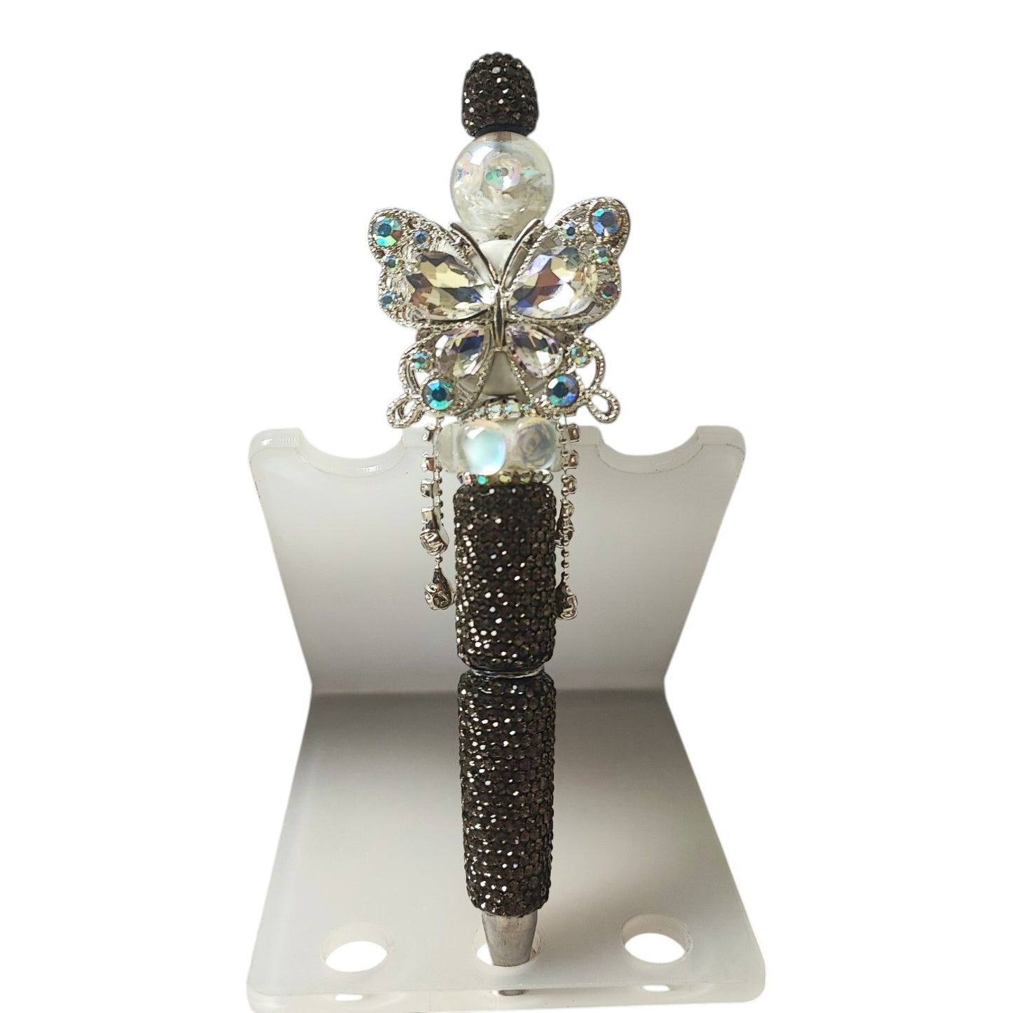 Stylo décoré – Strass, papillon et cabochon – Gris, argenté et aurore boréale