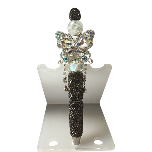 Stylo décoré – Strass, papillon et cabochon – Gris, argenté et aurore boréale