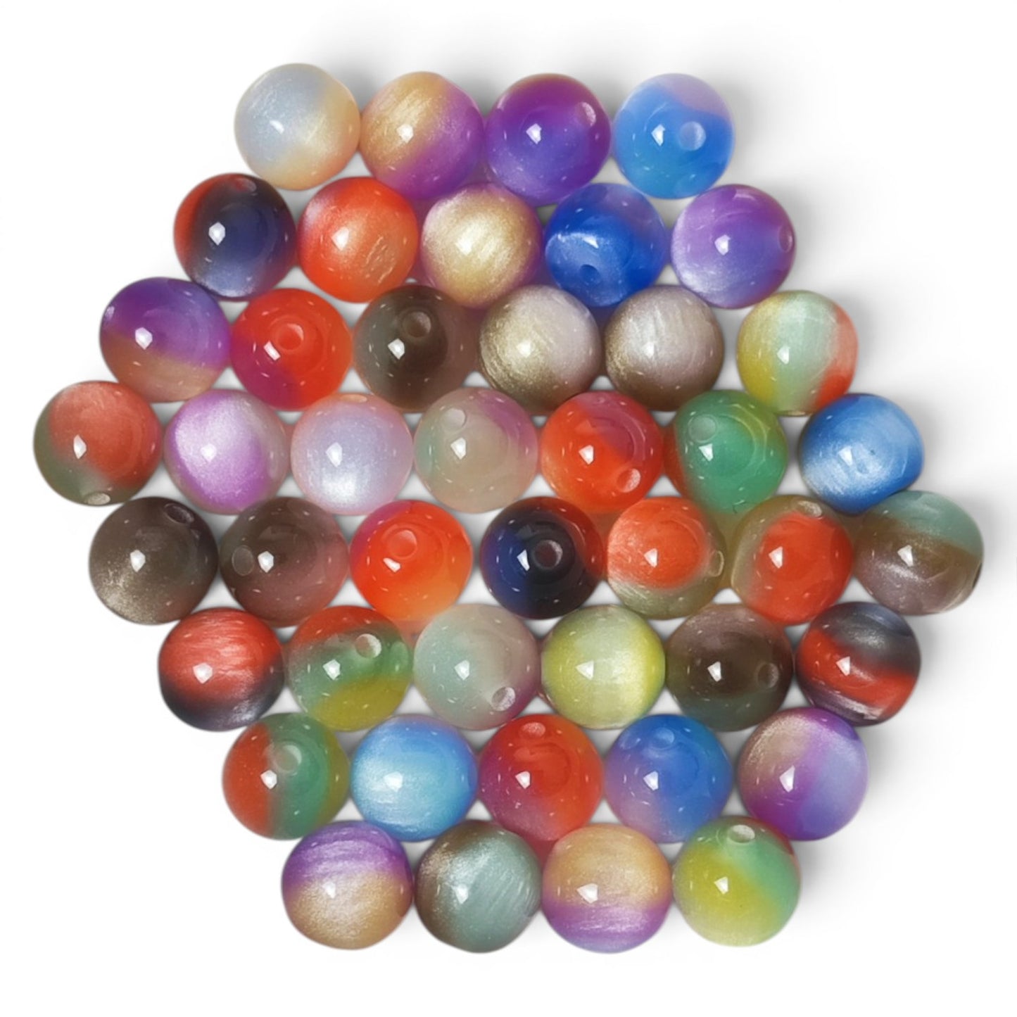 Lot de 10 perles en résine bicolores effet œil de chat pailleté – 10 mm