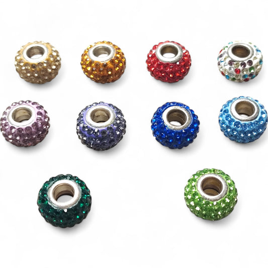 x1 Perle européenne strass qualité A – Ø15 mm, trou 5 mm, couleurs au choix