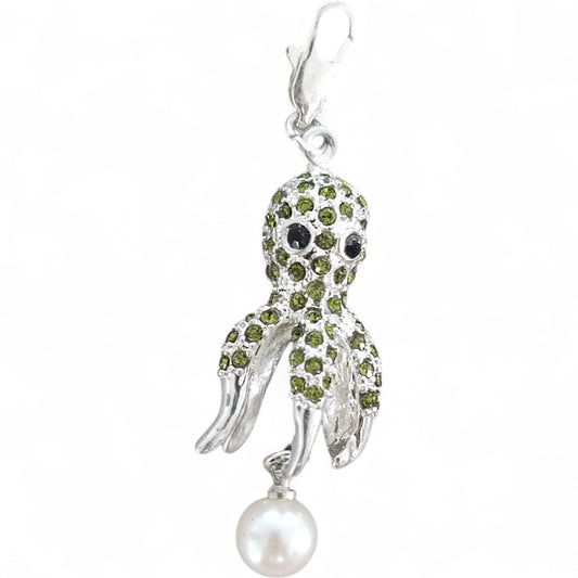 Grand Charm Pieuvre – Strass Verts et Perle Nacrée