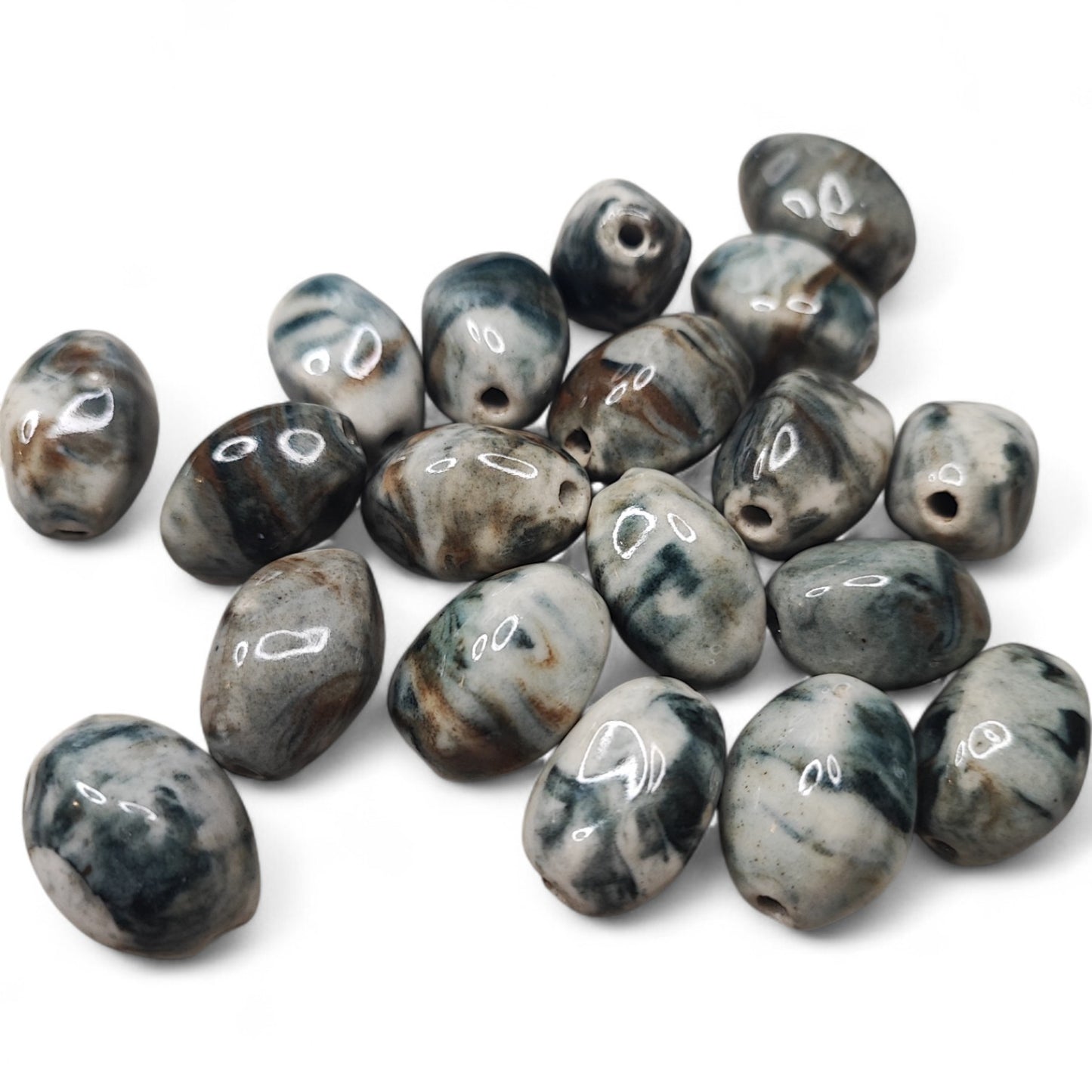 x1 Perle Céramique Marbrée – 21 x 14 mm – Blanc, Marron et Gris