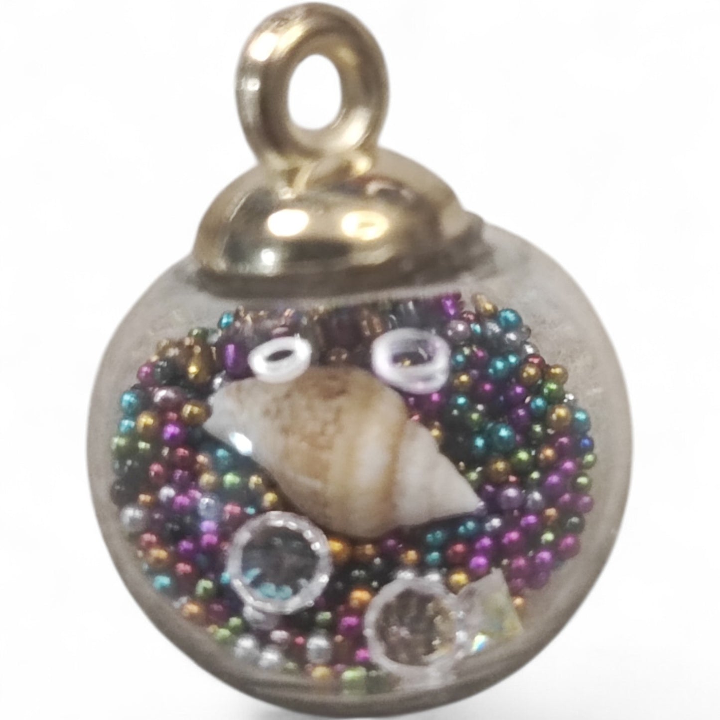 x1 Pendentif Globe en Verre avec mini perles, strass &amp; coquillage – 16x21 mm