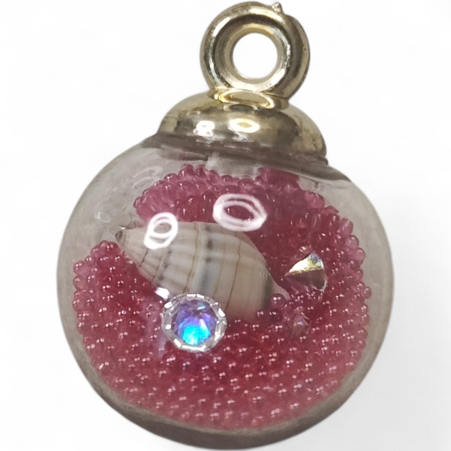 x1 Pendentif Globe en Verre avec mini perles, strass &amp; coquillage – 16x21 mm
