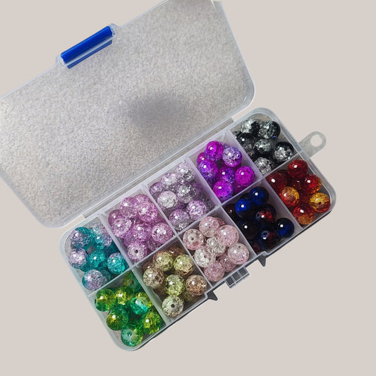 Boîte de Perles en Verre Craquelées – 10 mm – 10 Compartiments – ~120 Perles