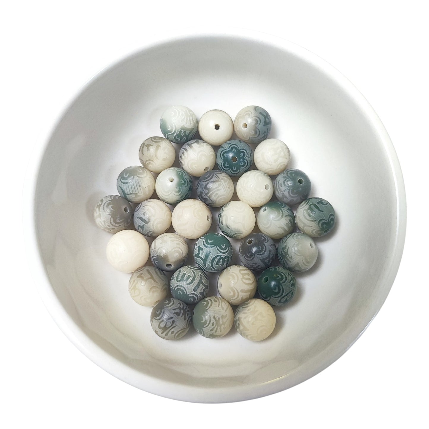 Lot de 10 Perles en Graine de Bodhi – Mantra “Tous mes vœux” – 12/13 mm – Vert Foncé