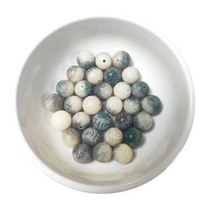 Lot de 10 Perles en Graine de Bodhi – Mantra “Tous mes vœux” – 12/13 mm – Vert Foncé