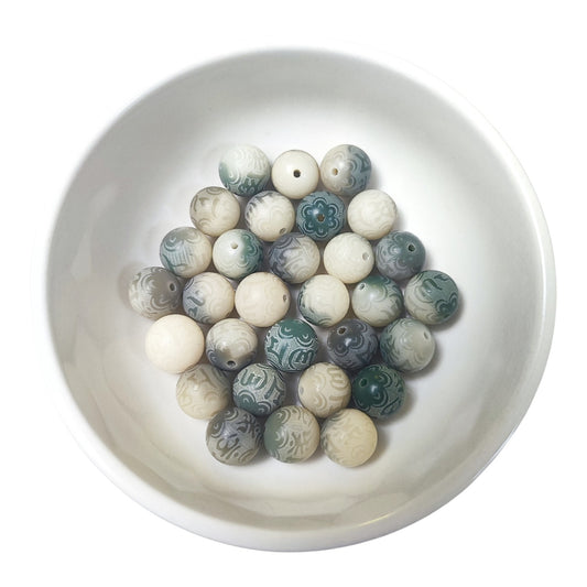 Lot de 10 Perles en Graine de Bodhi – Mantra “Tous mes vœux” – 12/13 mm – Vert Foncé