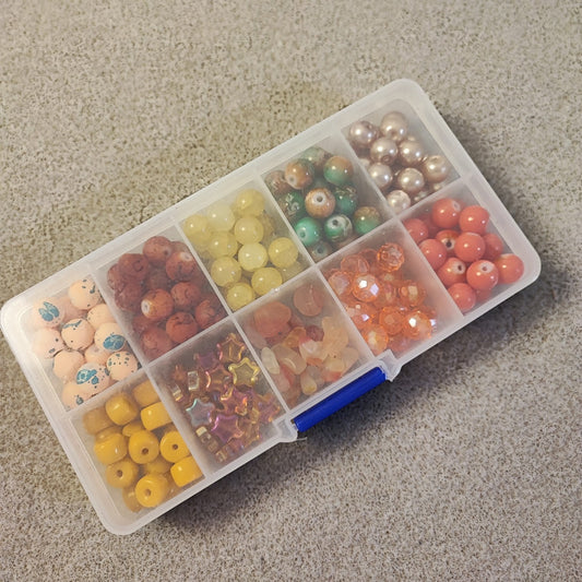 Boîte de 10 compartiments de perles en verre – Tons Oranges – Environ 200 perles