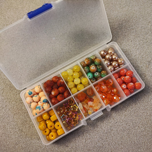 Boîte de 10 compartiments de perles en verre – Tons Oranges – Environ 200 perles