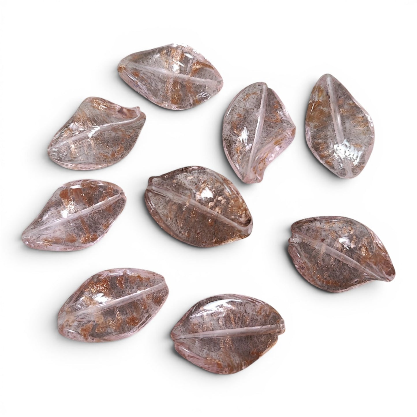 Perles artisanales lampwork en verre filé – Inclusions dorées – Forme torsadée