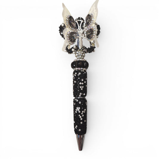 Stylo strass noir et cristal – Papillon mobile
