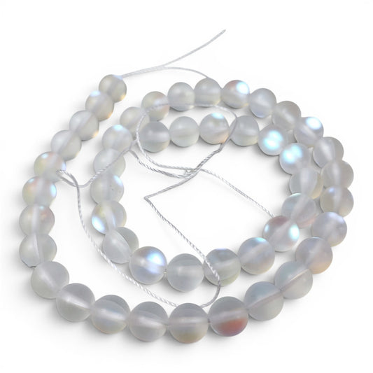 x1 Fil de Perles Holographiques Givrées – Rondes 8 mm – Blanc