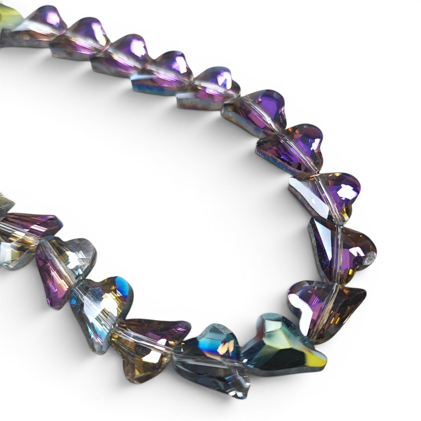 x1 Fil de Perles en Verre Électroplaquées – Cœurs Facettés – Vert et Violet – 12x10mm