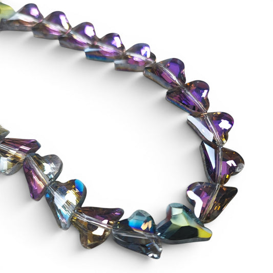 x1 Fil de Perles en Verre Électroplaquées – Cœurs Facettés – Vert et Violet – 12x10mm