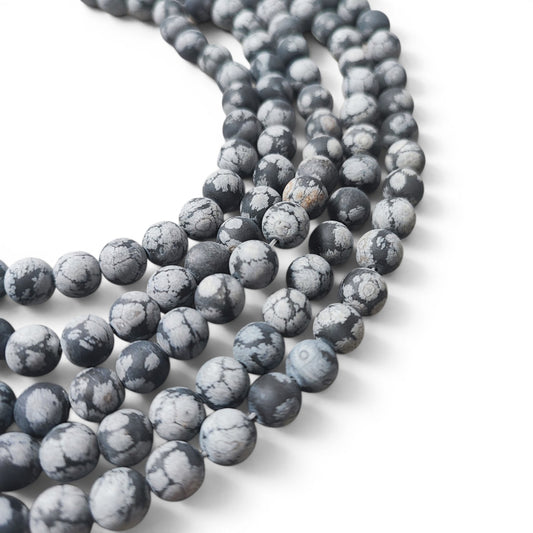 Fil de perles d’obsidienne naturelle flocon de neige givrées – Rondes 8 à 8,5 mm – 37 cm