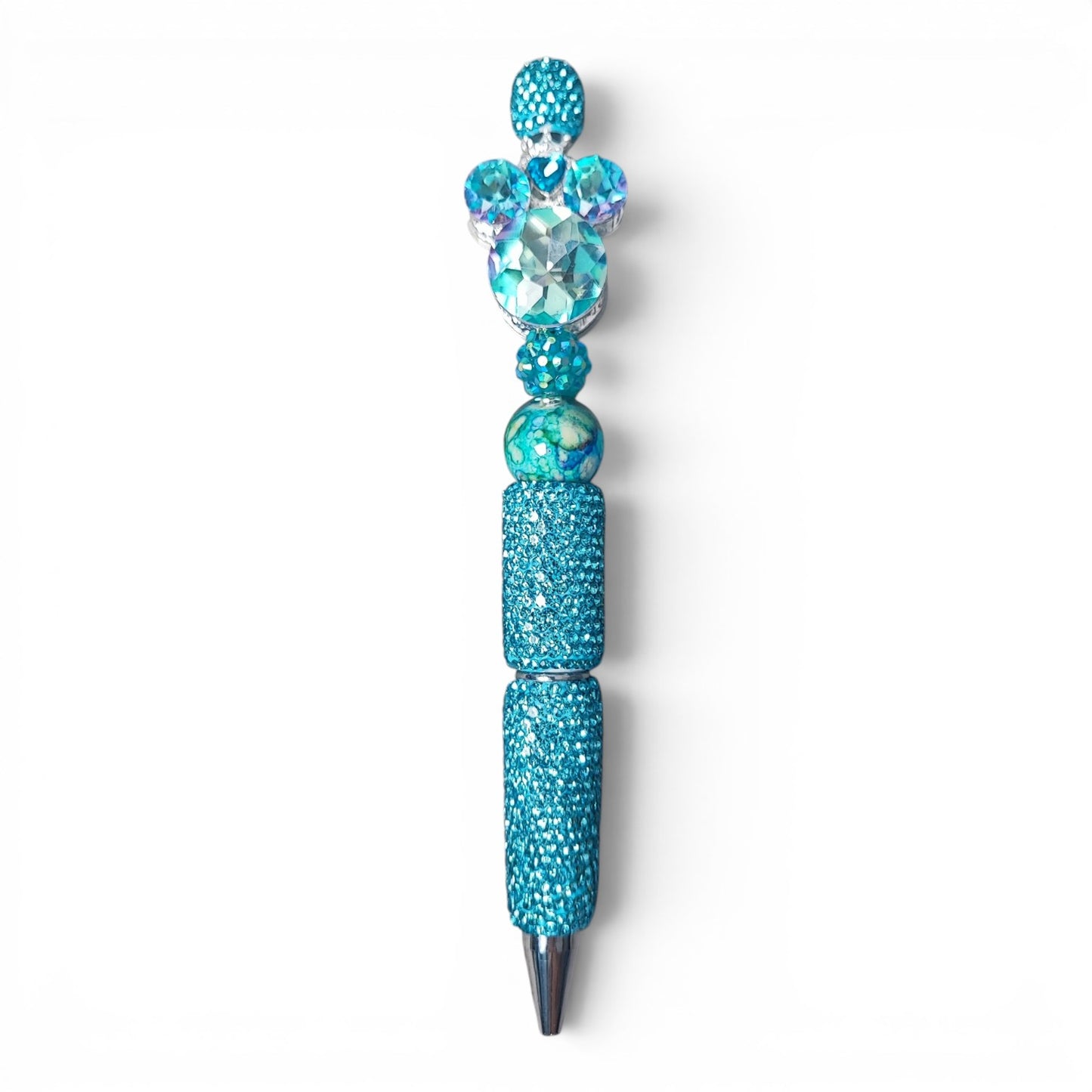 Stylo à tige customisé bleu turquoise – Strass et tête de souris style Mickey