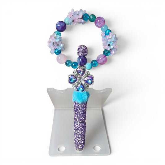 Stylo à tige customisé violet et bleu – Strass et anneau de perles, trèfle à 4 feuilles