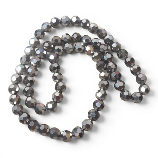 x1 Fil de Perles de verre électroplaquées facettées rondes – Argenté – 8 x 7 mm