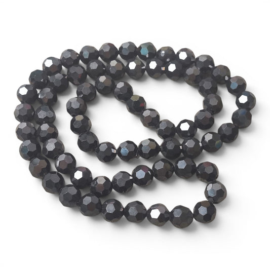 x1 Fil de Perles de verre électroplaquées facettées rondes – Noir Métallisé – 8 x 7 mm