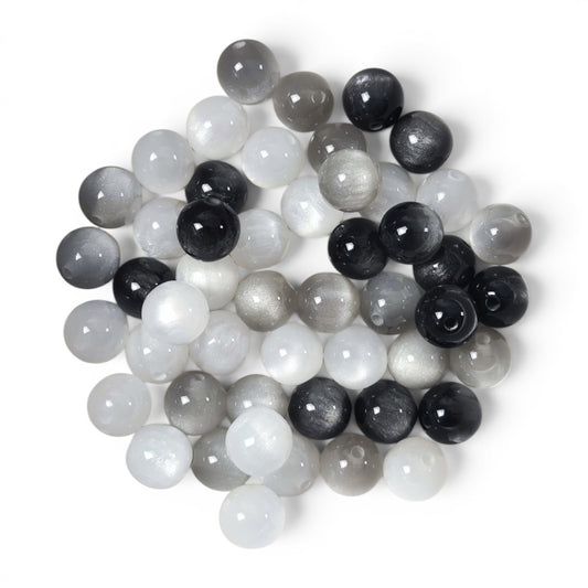 Lot de 10 perles en résine œil de chat pailletée – Noir/Gris et Blanc – 10 mm