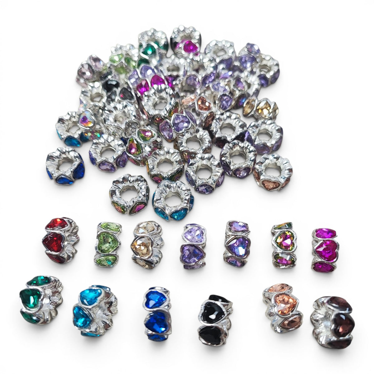 Perles intercalaires en métal et cœurs strass – Compatibles tiges