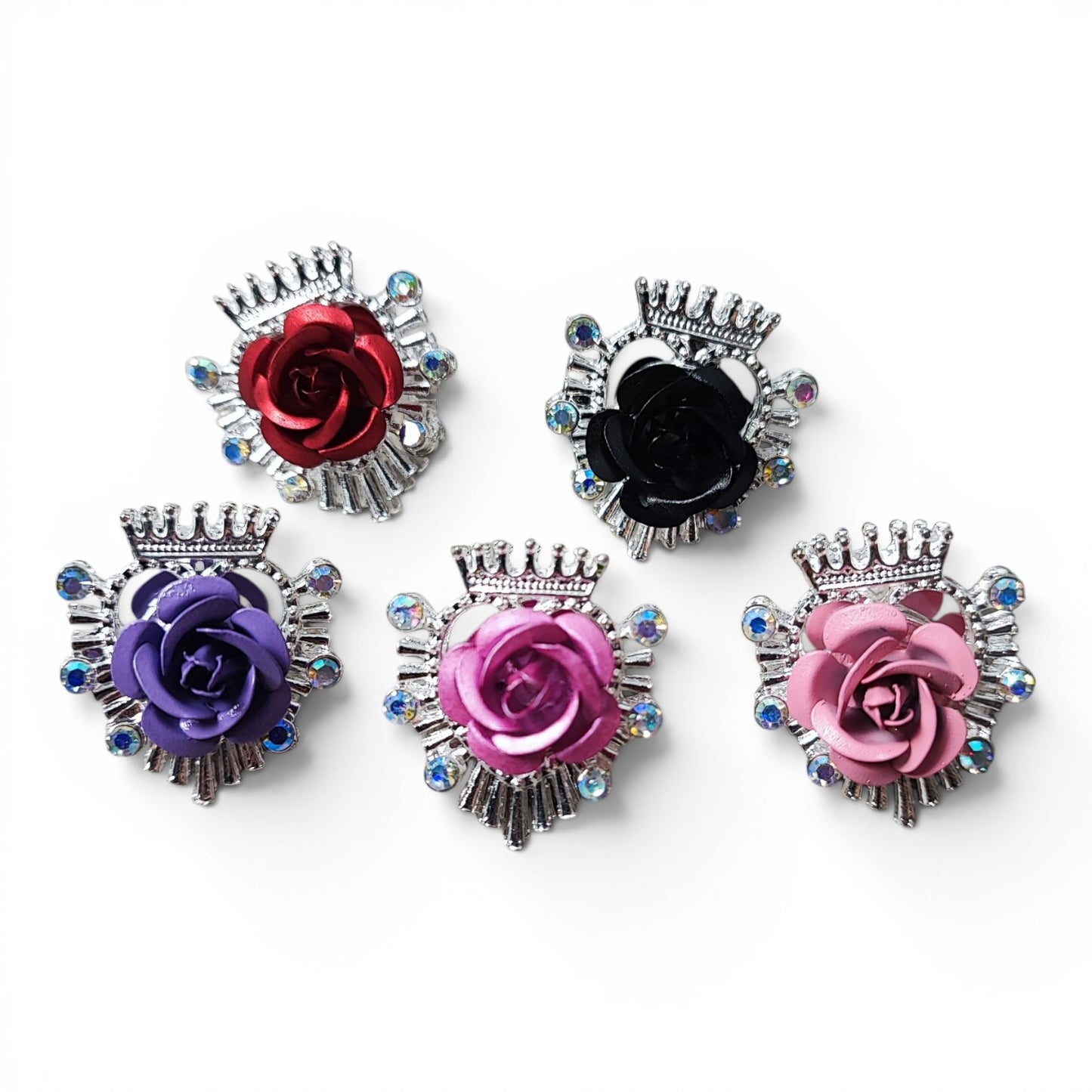 Perle cœur couronné en métal argenté et fleurs alu satinées – Compatible tiges