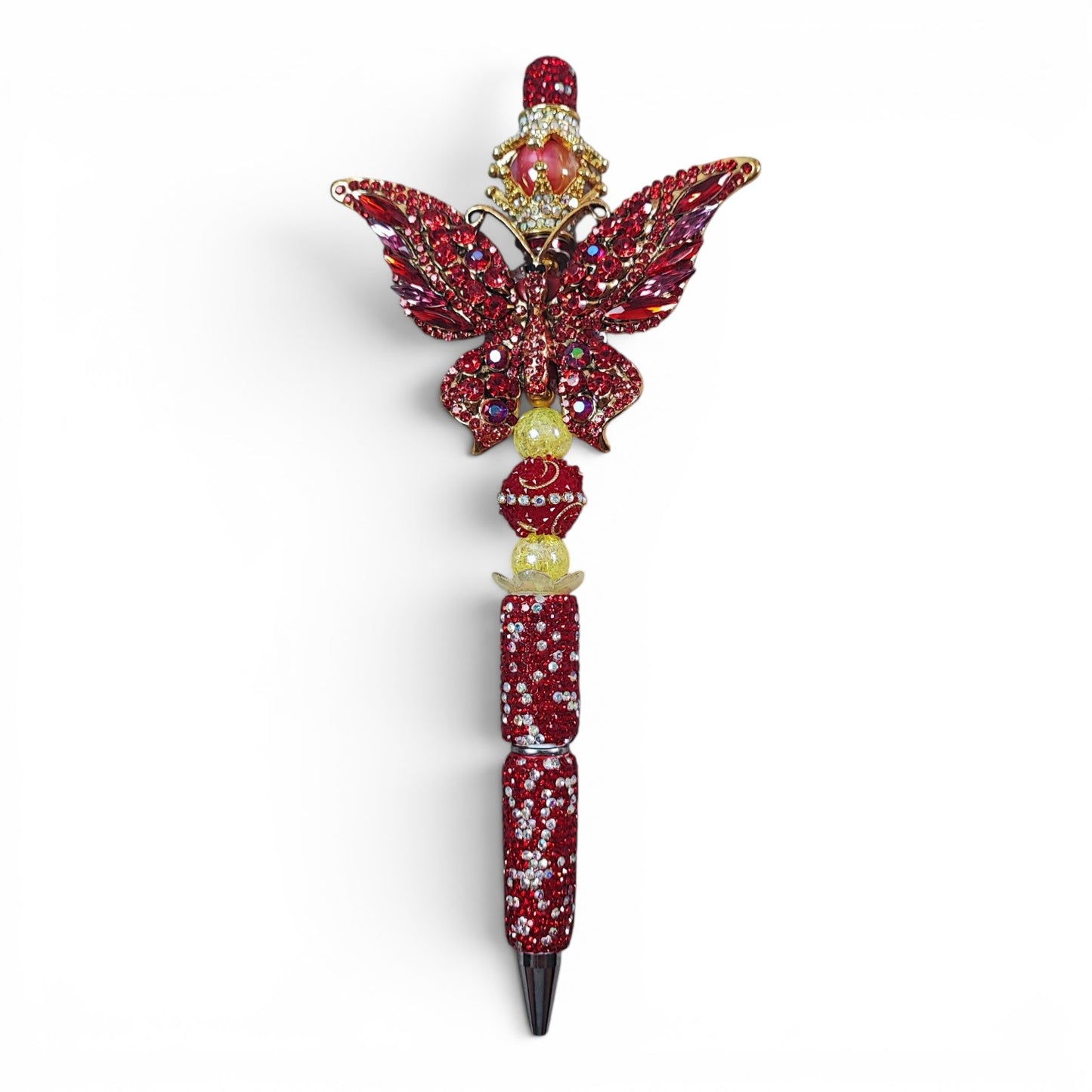 Stylo customisé rouge et or avec gros papillon à strass