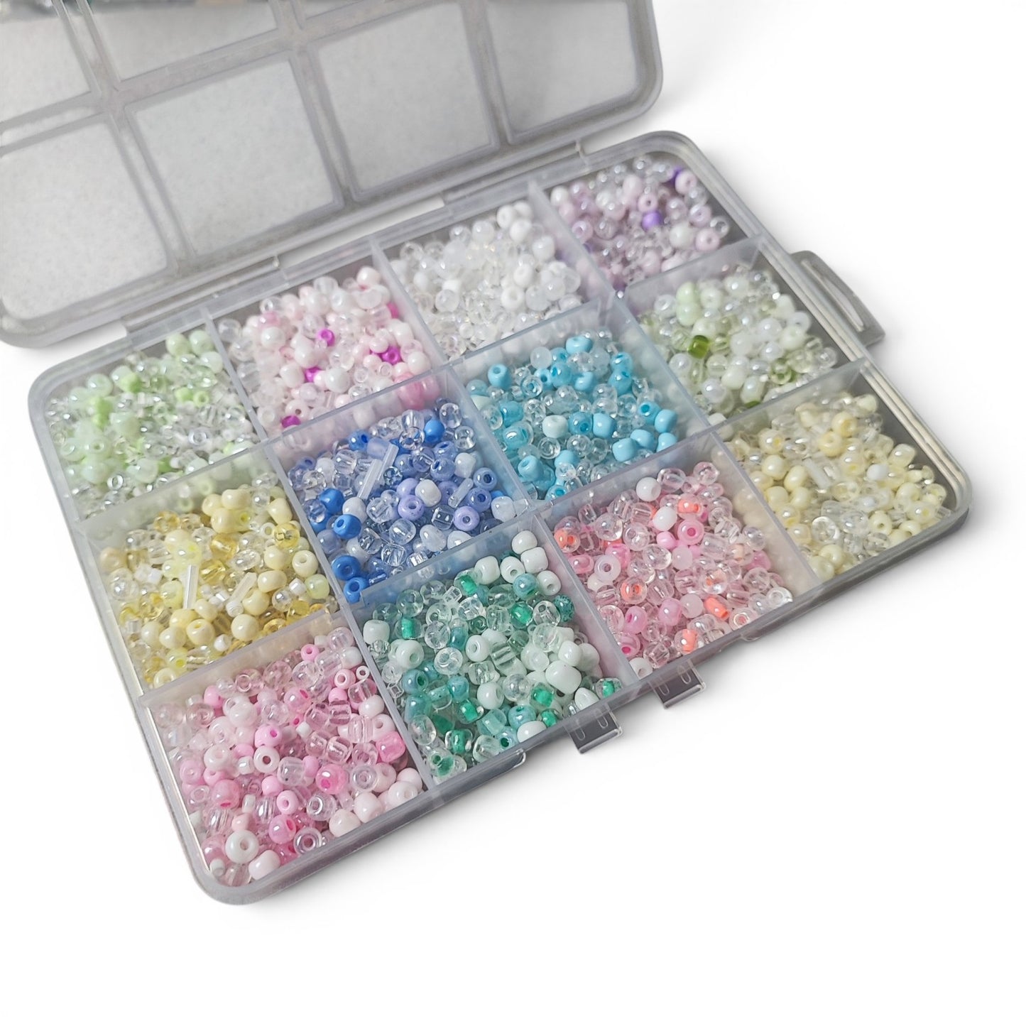 Boîte de 12 compartiments de perles de rocailles en verre – 12 couleurs pastel – Environ 150 g