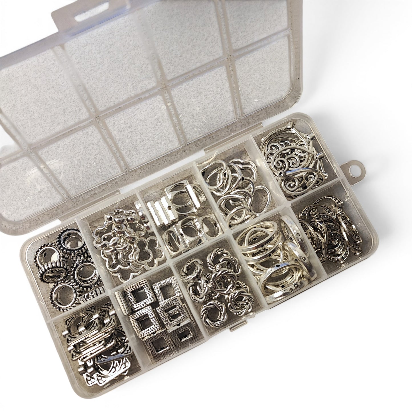 Boîte de 10 compartiments – 100 cadres de perles en alliage style tibétain – Argent antique