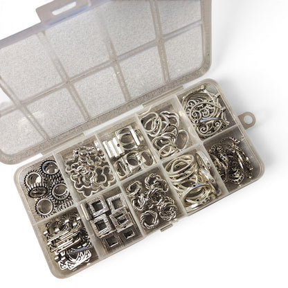 Boîte de 10 compartiments – 100 cadres de perles en alliage style tibétain – Argent antique