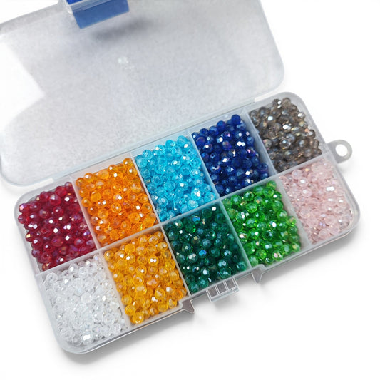 Boîte de 10 compartiments de perles de verre à facettes galvanisées AB – 10 couleurs – Environ 2 000 perles