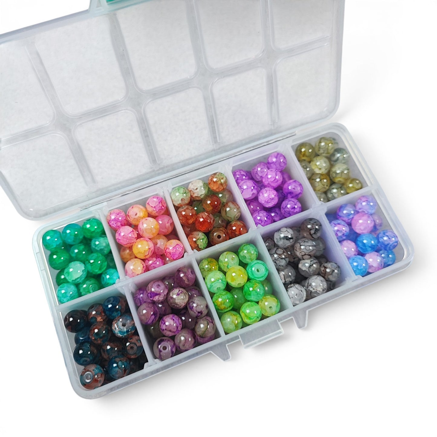 Grosse Boîte de 10 compartiments de perles de verre craquelées/marbrées – Environ 300 perles