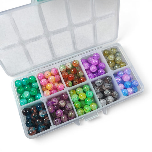 Grosse Boîte de 10 compartiments de perles de verre craquelées/marbrées – Environ 300 perles