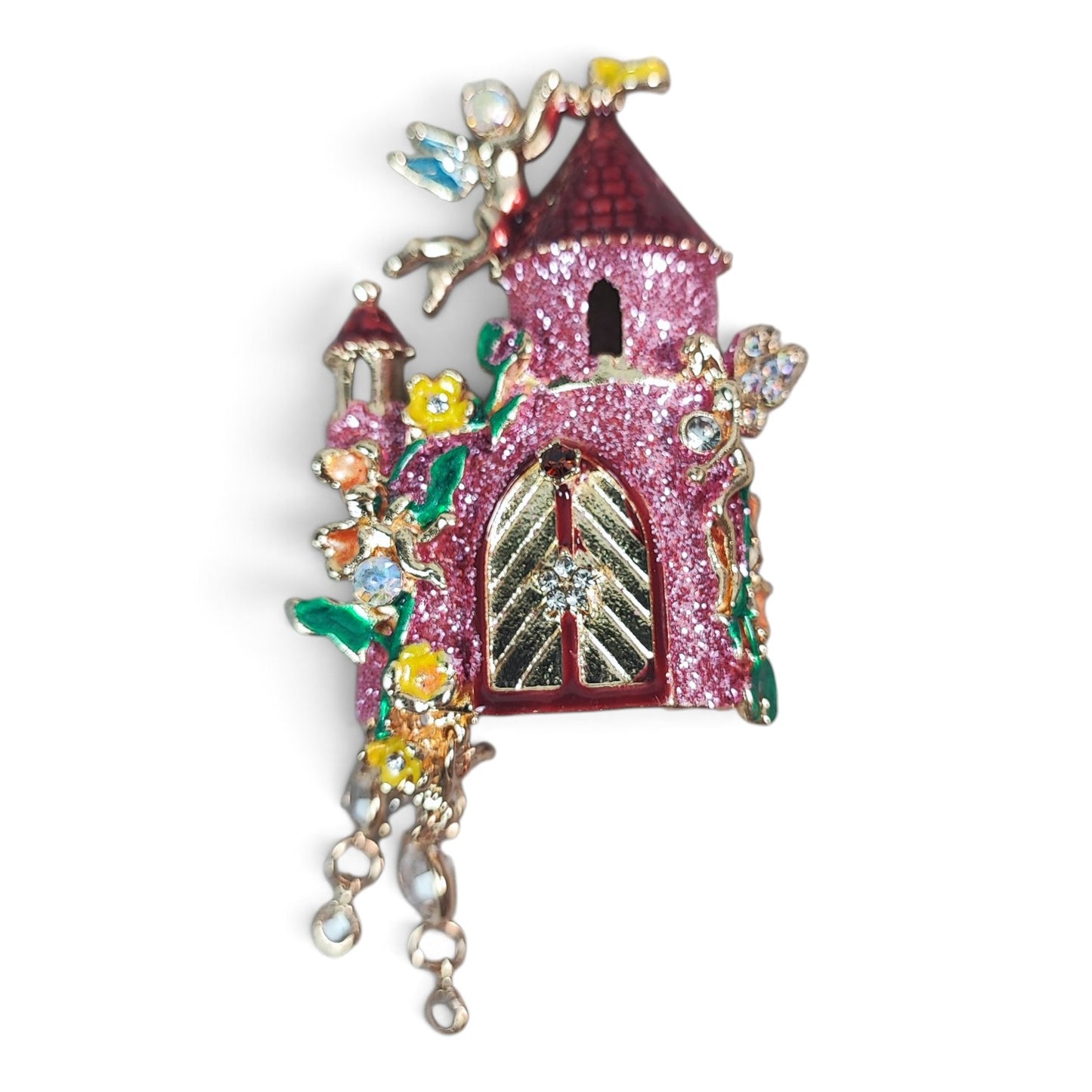 Perle XL spéciale tige – Château de princesse et petites fées – Pailletée avec pampilles en verre