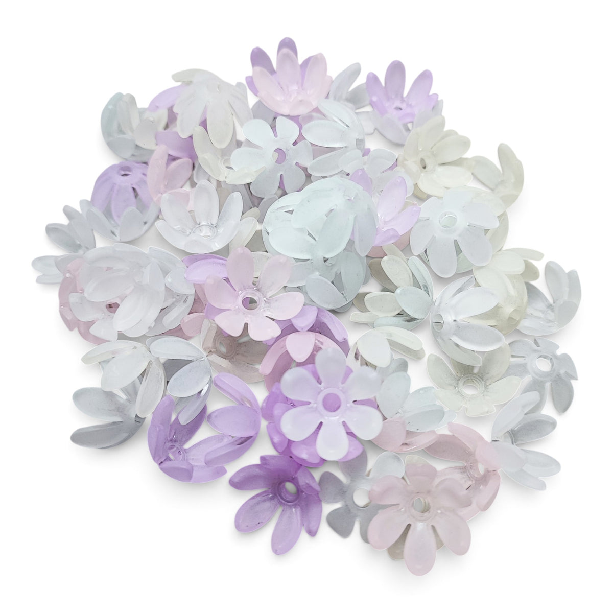 x10 Perles coupelles en acrylique transparentes givrées – Motif floral – Compatibles tiges