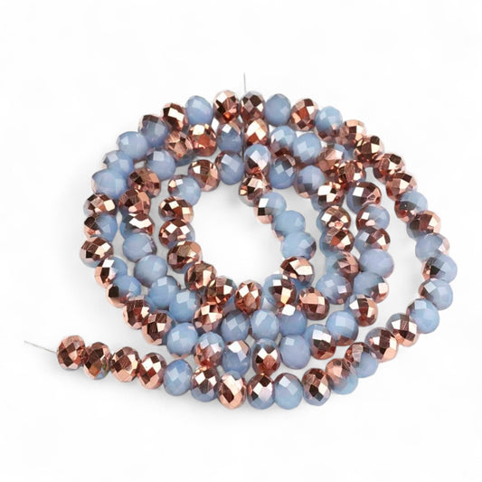 Fil de Perles en Verre Imitation Jade – Facettées Bleu Gris et Cuivré – 6x5 mm