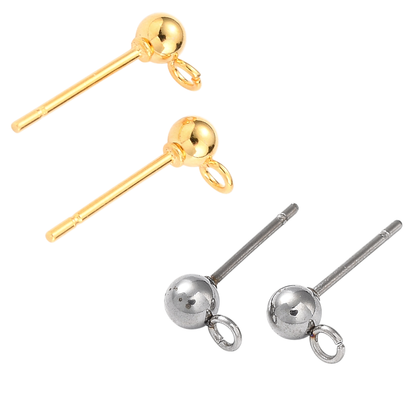 x1 paire Clous d’oreilles ronds avec boucle – Acier inox 304 plaqué or 18K ou Acier