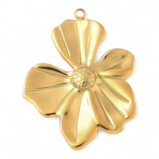 Pendentif Fleur Plaqué Or 18K – Acier Inoxydable 304, 27x36 mm