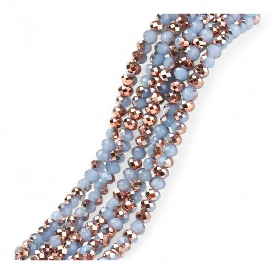 Fil de Perles en Verre Imitation Jade – Facettées Bleu Gris et Cuivré – 6x5 mm
