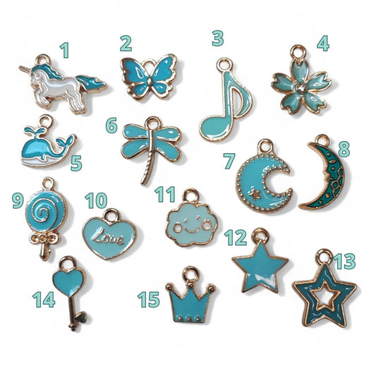 Breloques Dorées et Émaillées bleues – Motifs au Choix