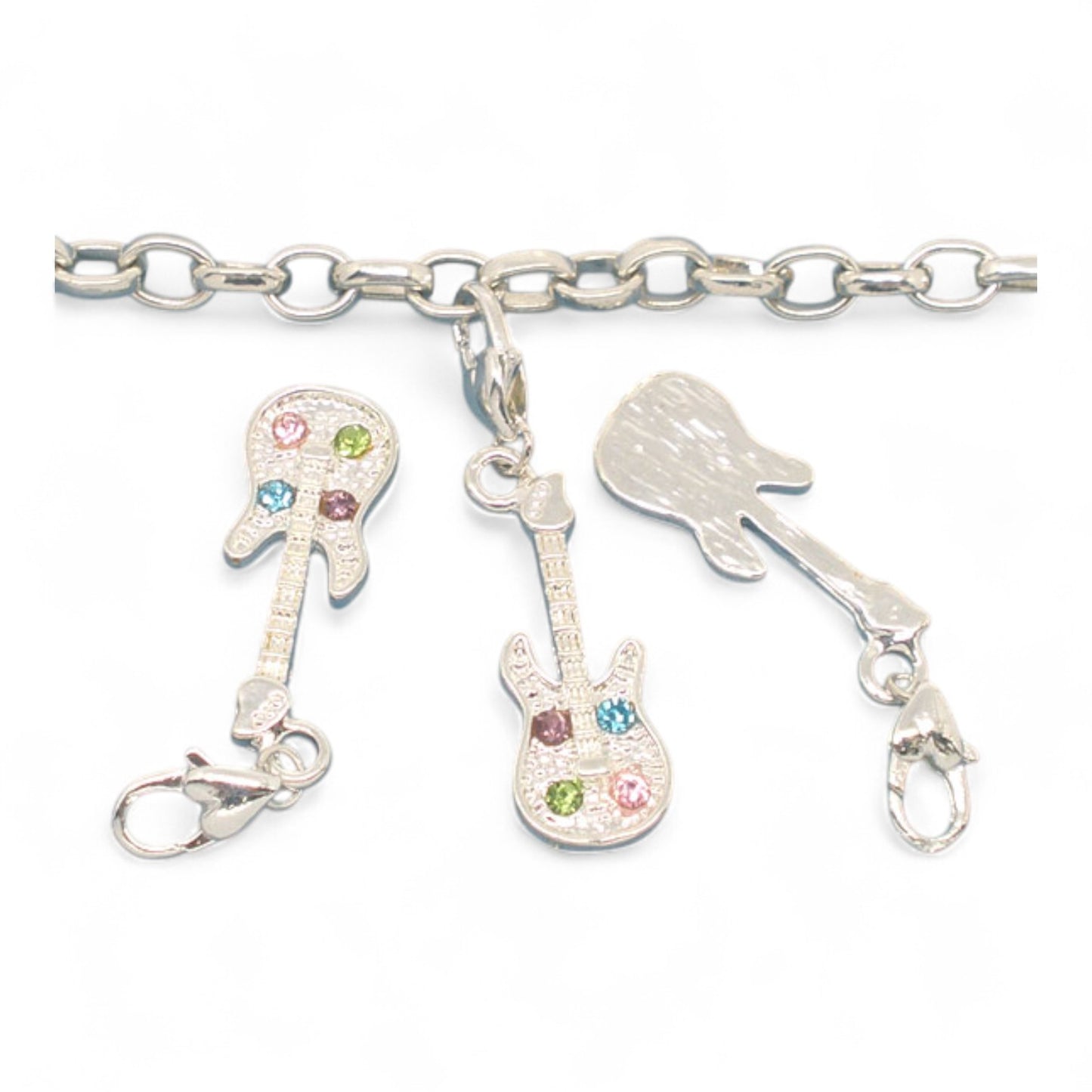 Charm Guitare Strass Multicolore – Métal Argenté avec Fermoir