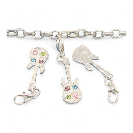 Charm Guitare Strass Multicolore – Métal Argenté avec Fermoir