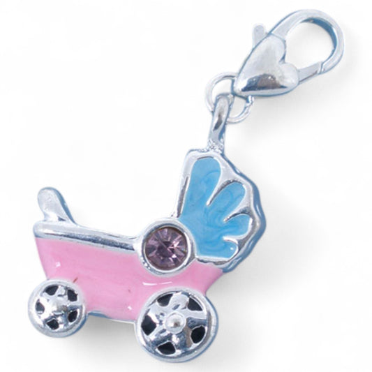 Charm Poussette Émaillé Rose et Bleu – Strass Violet Clair