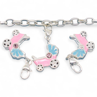 Charm Poussette Émaillé Rose et Bleu – Strass Violet Clair