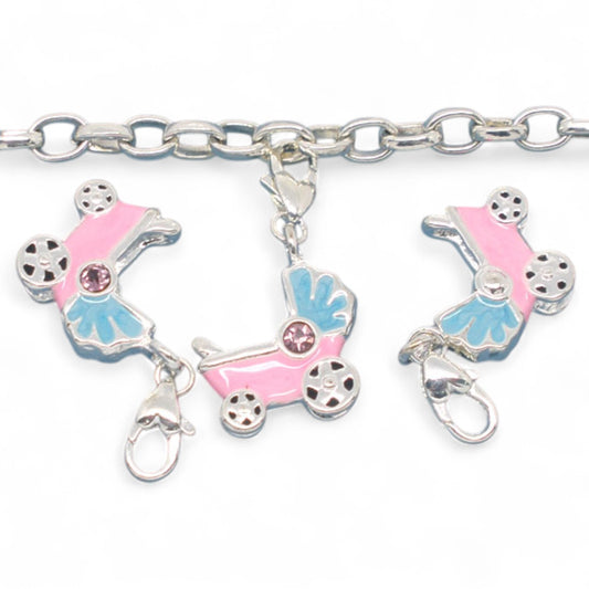 Charm Poussette Émaillé Rose et Bleu – Strass Violet Clair