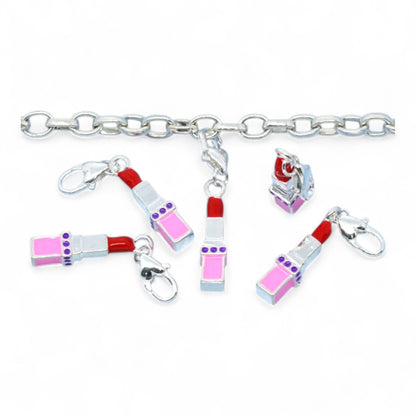 Charm Rouge à Lèvres 3D – Émaillé Rose &amp; Rouge, Fermoir Argenté
