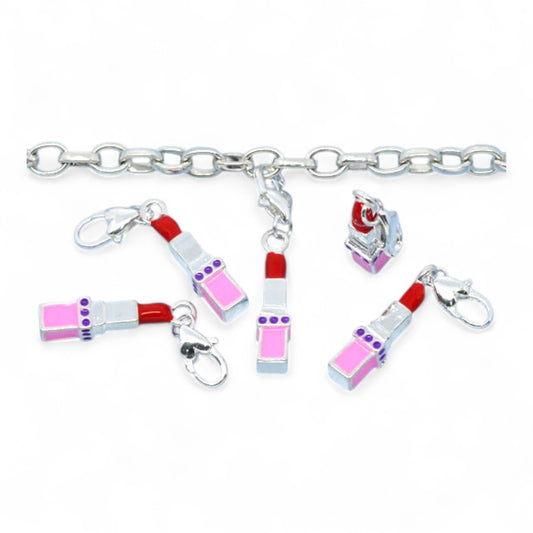 Charm Rouge à Lèvres 3D – Émaillé Rose &amp; Rouge, Fermoir Argenté